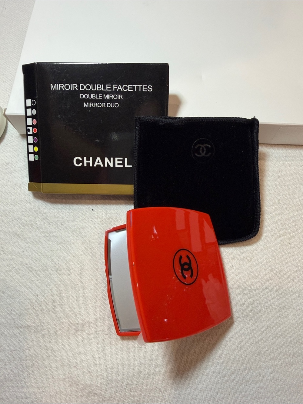 CHANEL Red Gloss Compact Mirror with Black Velvet Pouch